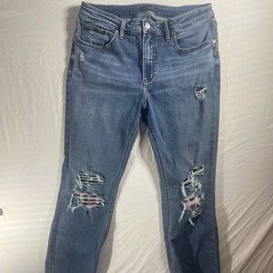 Silver Jeans Medium Blue Distressed Boyfriend Jeans with Red Patch Accents